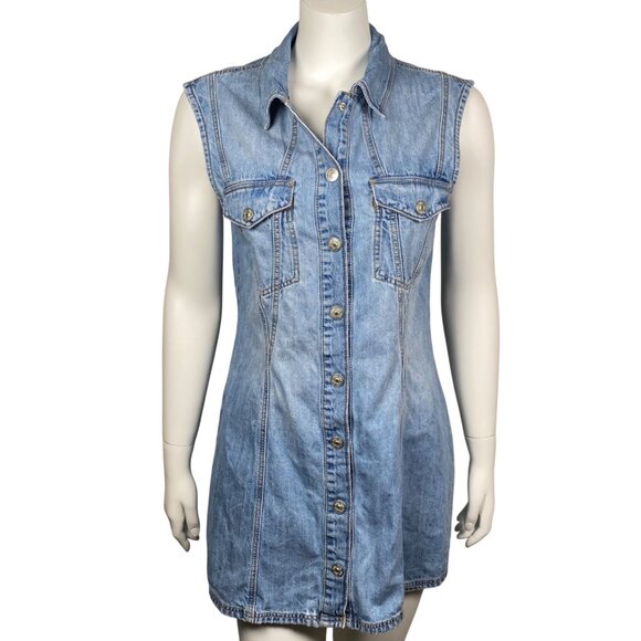 Zara Denim Mini Dress Womens M Sleeveless Snap Up Medium Wash Collar - Picture 1 of 6